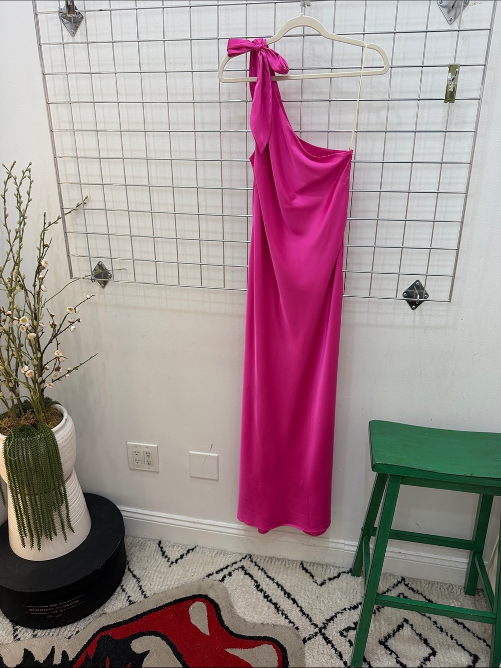 Lavender Brown One-Shoulder Hot Pink Satin Dress